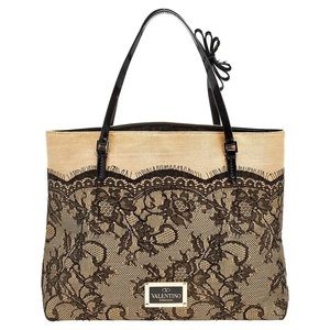 Valentino Beige/Black Raffia And Lace Tote